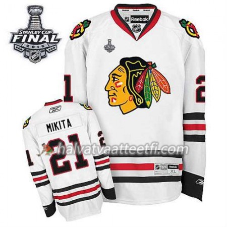 Reebok Miesten NHL Chicago Blackhawks Pelipaita Stan Mikita #21 Vieras Valkoinen 2015 Stanley Cup